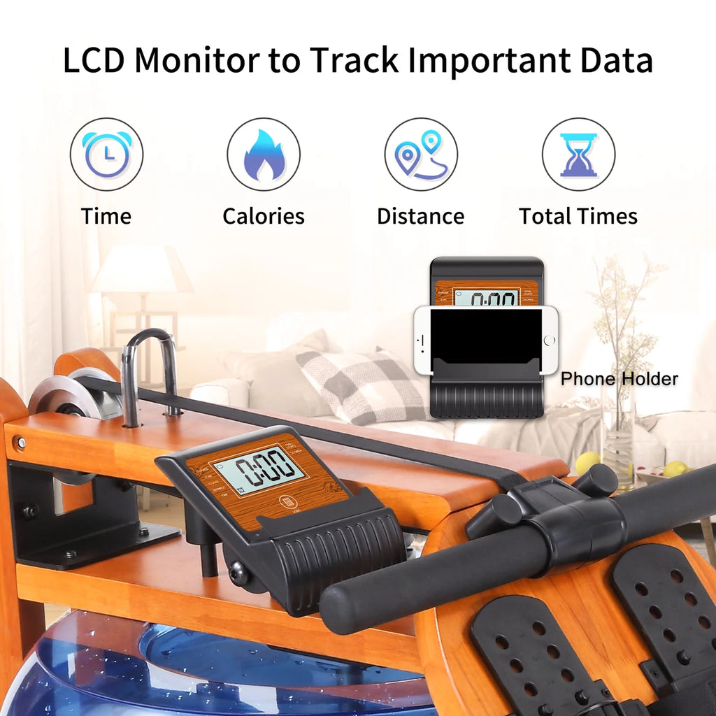 Water Rowing Machine with LCD Monitor 350 LB Wooden V62885