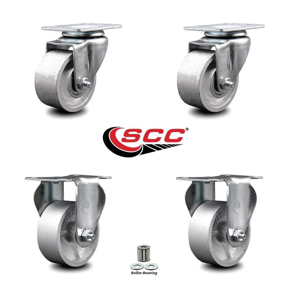 Semi Steel Cast Iron Swivel Top Plate Caster Set of 4 with Roller Bearing 3 inch x 1.5 inch Silver Wheels E984