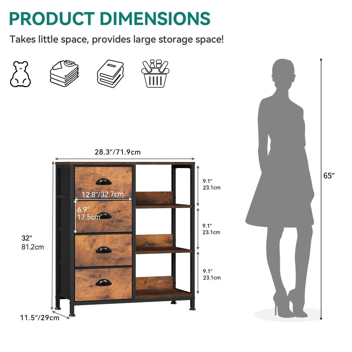 4 Drawer Fabric Dresser with Side Shelf K460303