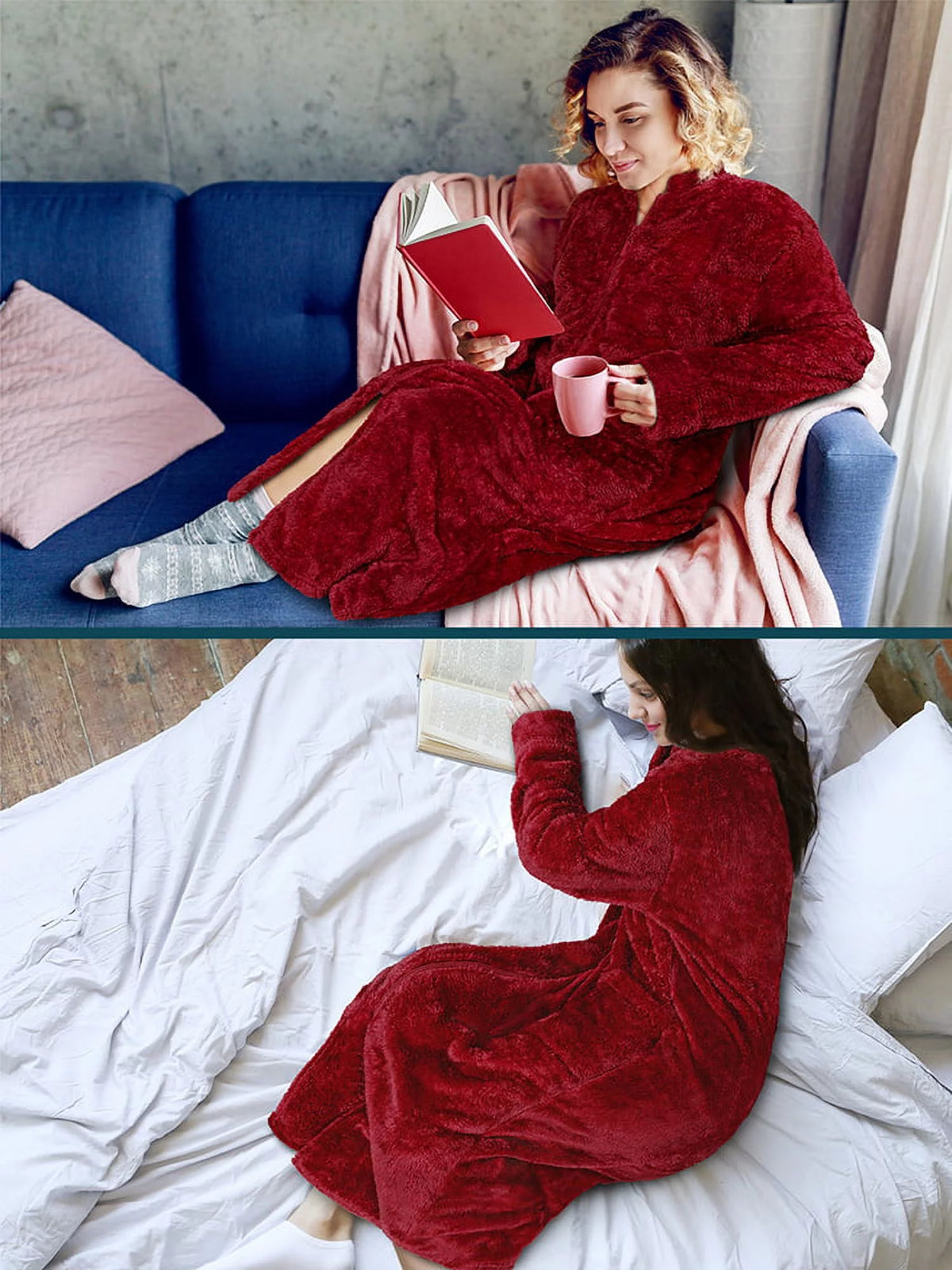Wine Red Sherpa Fleece Zip Robe with Pockets J8201