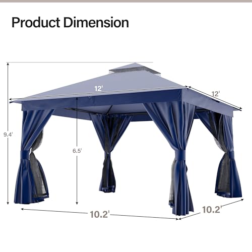 10'x13' Heavy Duty Outdoor Patio Gazebo with Double Roofs, Mosquito Nets and Privacy Screens J993