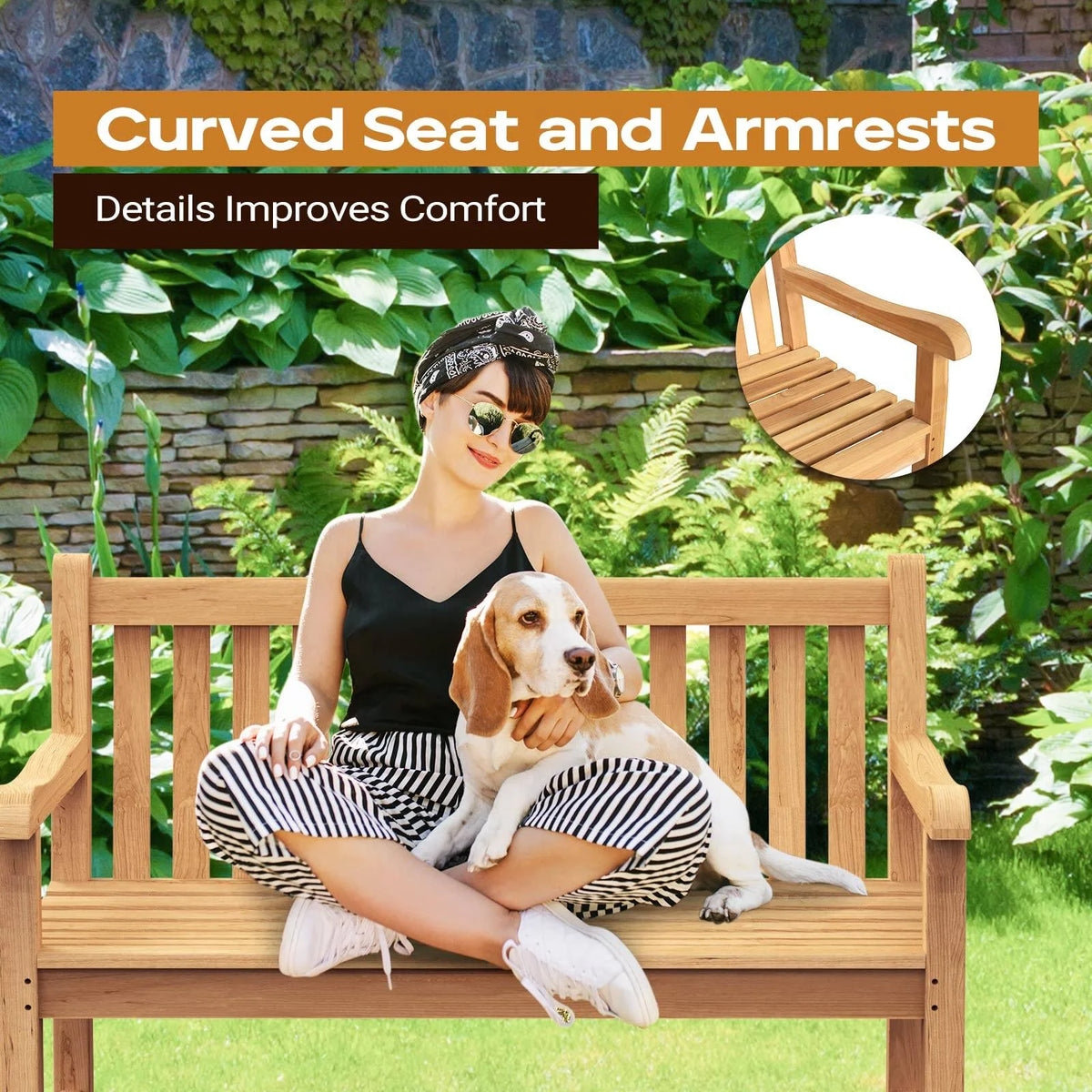 Teak Wooden Outdoor Garden Bench with Armrest H664209