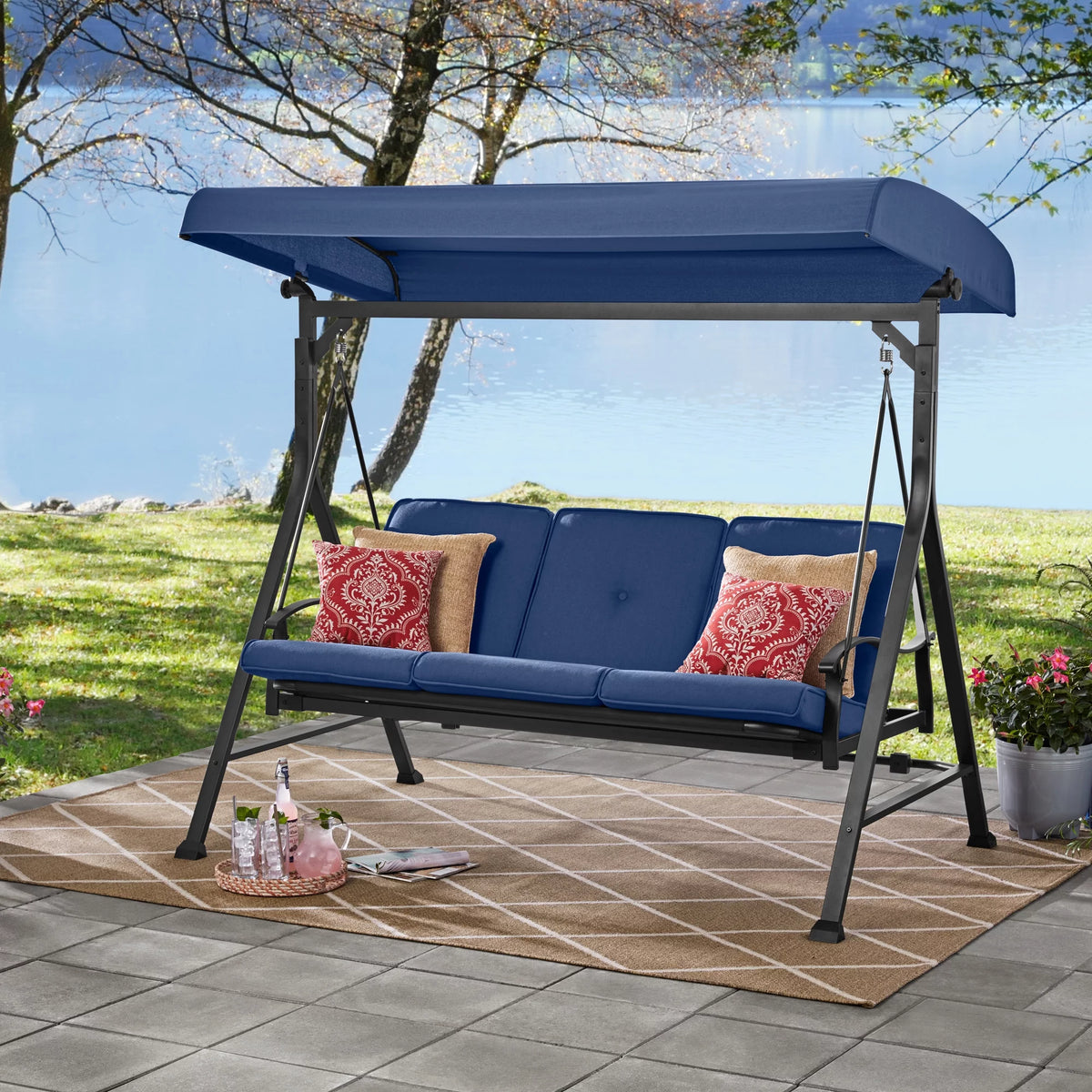 Beige 3 Person Steel Outdoor Swing with Canopy Y432612