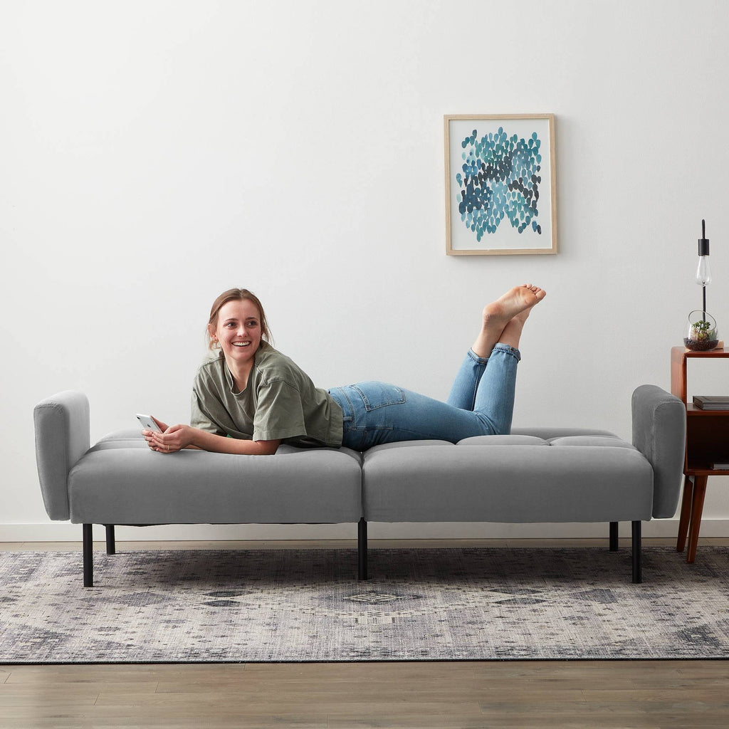 Gray Velvet Futon Sofa Bed with Box Tufting R109903