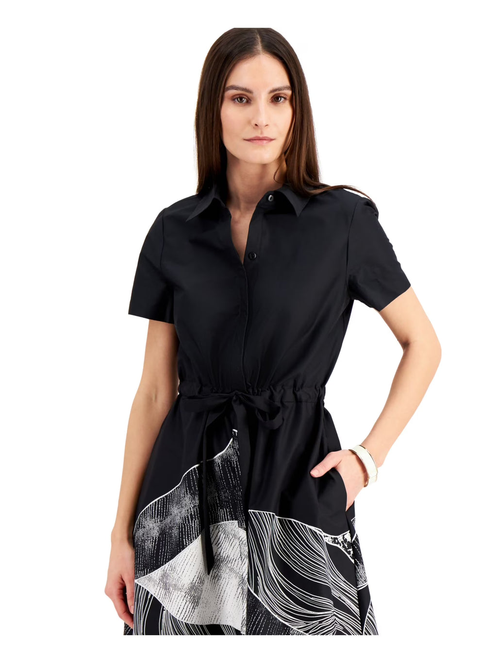 Black Tie Printed Short Sleeve Collared Shirt Dress A2093