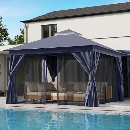 10'x13' Heavy Duty Outdoor Patio Gazebo with Double Roofs, Mosquito Nets and Privacy Screens J993