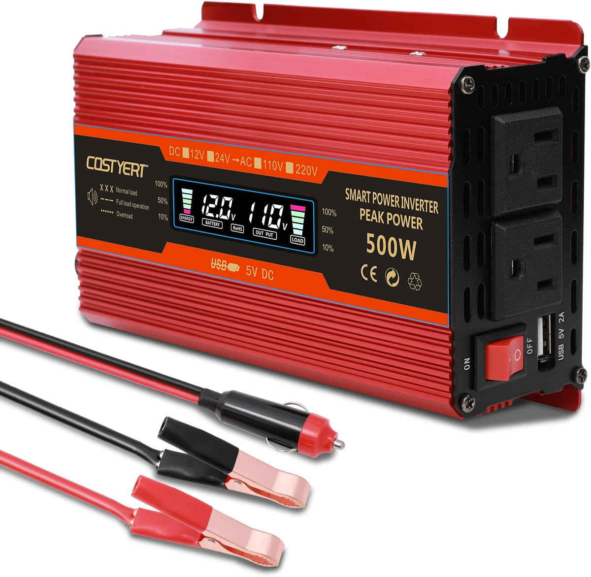 500W Power Inverter DC 12V to 110V AC Car Inverter with Alligator Battery Clamp, LCD Display, Dual AC Outlets & 2.0A USB Ports S545