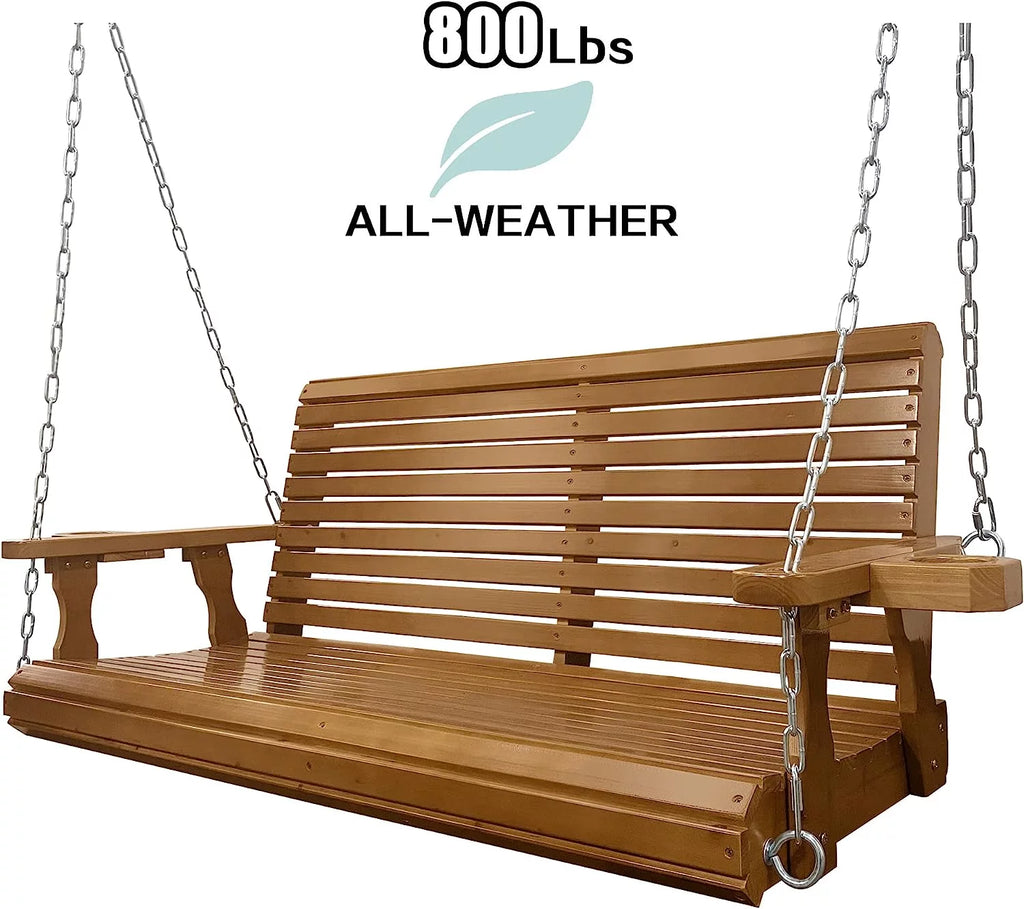 Brown 2 Seater Wooden Porch Swing with Cupholders D308