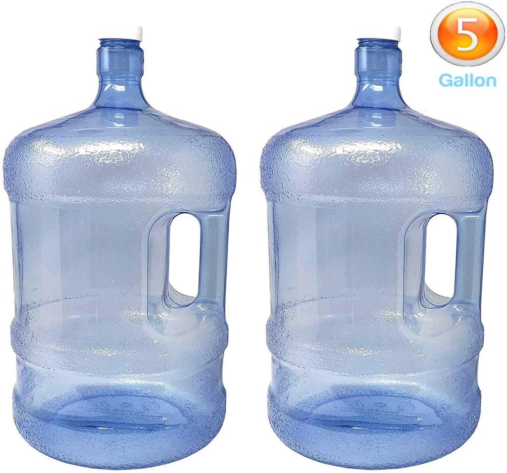2-Pc Plastic Water Bottle with Screw Caps 5 Gallons Jug Container with Cap, Easy Grip Carry Handle C545