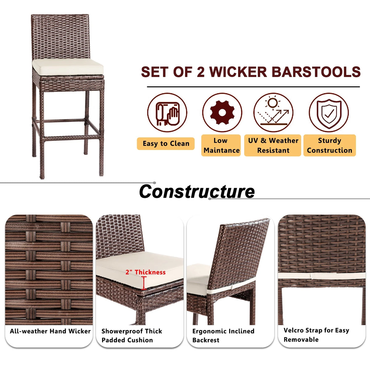 Brown Wicker Counter Height Bar Stools Set of 2 C188949